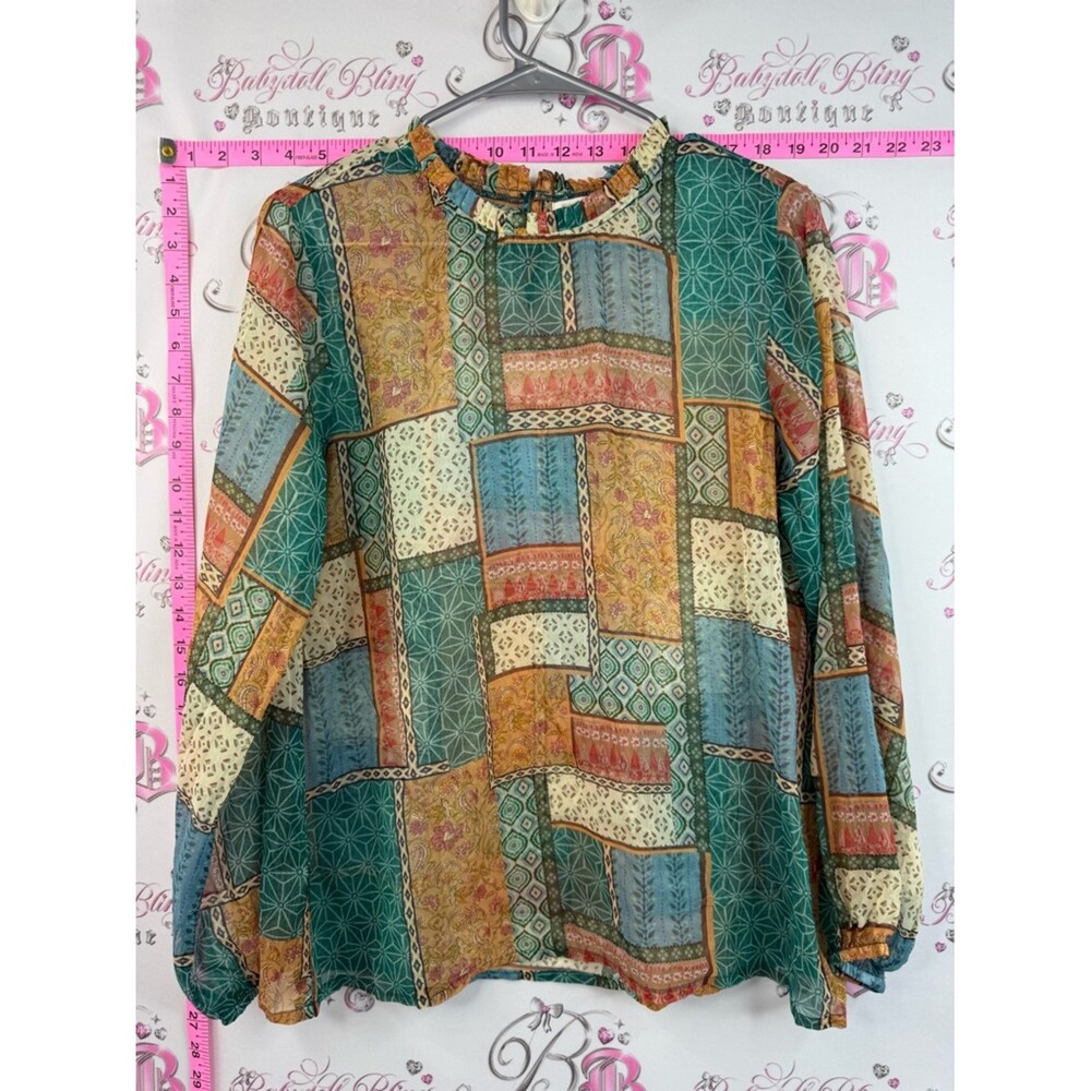 World market shirt patches boho Green Multi Patchwork Peasant Blouse